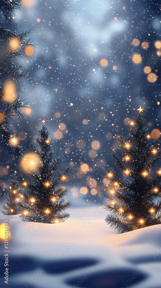 Poster christmas trees covered by snow and decorated with fairy lights creating a magical atmosphere