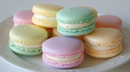Obraz premium A delightful assortment of pastel-colored macarons, delicately arranged on a white plate. Each shell is filled with a creamy center, creating a visually appealing and delicious treat.