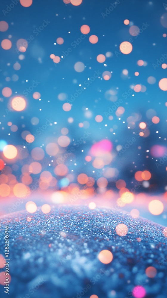 Aufkleber Snow covered surface with falling snowflakes and colorful bokeh lights creating a magical winter wonderland