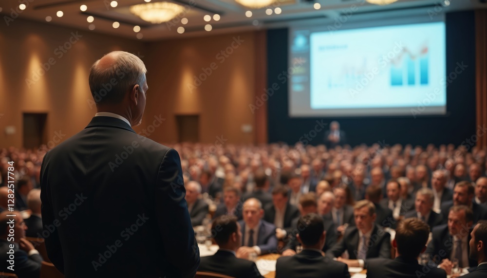 Aufkleber rear view of speaker addressing large audience at conference in hotel hall. presentation with charts