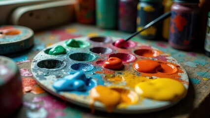 A paint palette palette with various vibrant colors, including green, blue, red, orange, and yellow, along with paint jars in the background.