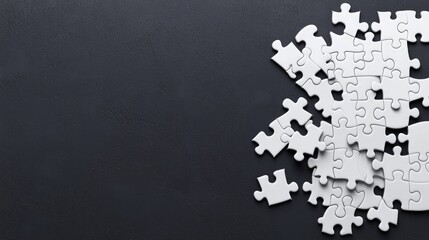 White puzzle pieces scattered on dark surface, problem-solving concept, website banner