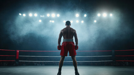 Fototapeta premium boxer in red shorts stands confidently in floodlit arena, ready for match. atmosphere is intense and electrifying