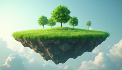 Conceptual image of island with green grass, trees floating in blue sky. Rocky ground. 3d render of surreal meadow garden. Natural peaceful landscape. Save planet, nature conservancy ecology concept.