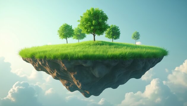 Conceptual image of island with green grass, trees floating in blue sky. Rocky ground. 3d render of surreal meadow garden. Natural peaceful landscape. Save planet, nature conservancy ecology concept.