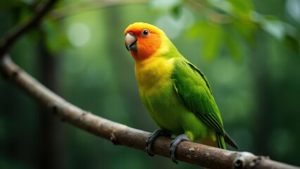 A pineapple green cheek conure perched on a branch in a lush, green environment.