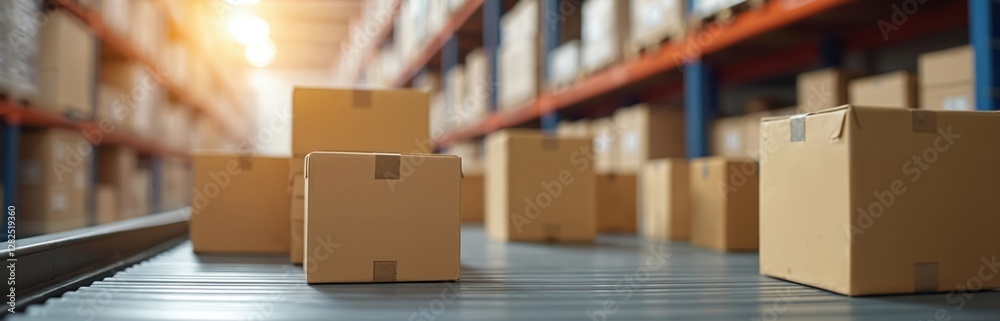 Poster boxes on conveyor belt in warehouse. cardboard parcels move on automated line. distribution center. 