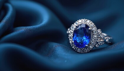 Fototapeta premium Elegant blue gemstone ring on satin fabric. Silver ring with sapphire, diamonds, luxury jewelry, fashion accessory, adornment, beauty, opulence, craftsmanship. Gift for occasion, engagement, wedding,
