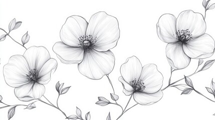 Delicate Line Drawing of Blooming Flowers and Leaves