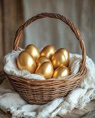 Fototapeta premium A beautifully arranged basket of golden eggs resting on a soft cloth, symbolizing luxury and abundance.