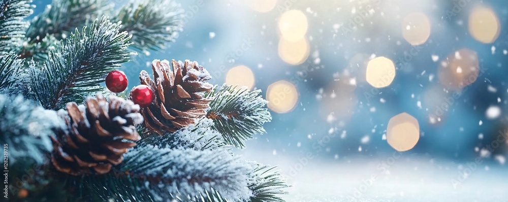 Poster snow falling on pine tree branch with pine cones and red berries