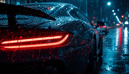 Futuristic Sports Car in Rain – Neon Glow, Red Taillights, Cyberpunk Aesthetic, High-Contrast Night Scene