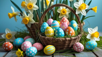 Fototapeta premium Colorful Easter Egg Decoration on Wood Basket