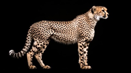 Fototapeta premium Cheetah stands in full body profile against a solid black background in a studio setting.