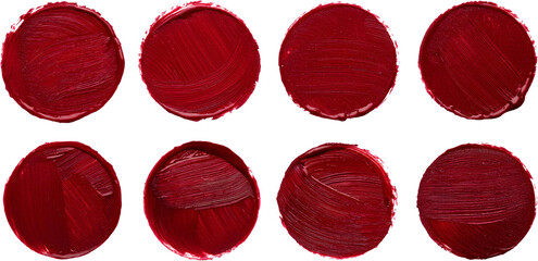 Eight circular swatches of rich burgundy lipstick texture isolated transparent background
