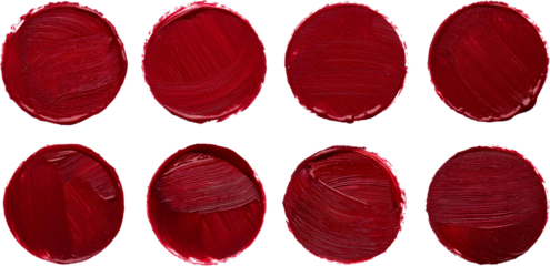 Eight circular swatches of rich burgundy lipstick texture isolated transparent background