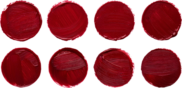 Eight circular swatches of rich burgundy lipstick texture isolated transparent background - Powered by Adobe