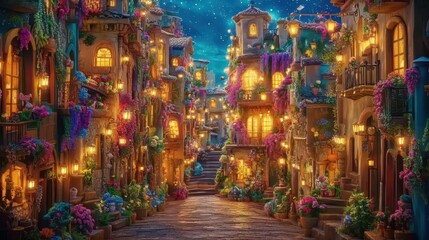 Fototapeta premium Enchanting Night Scene Of A Flowery Village Street