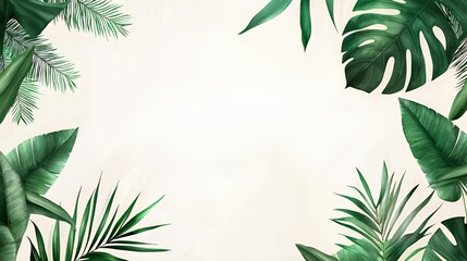 Green Tropical Leaves Frame on Beige Background