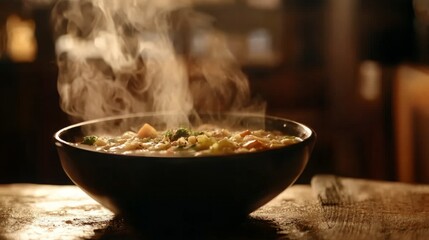 A steaming bowl of hearty vegetable soup, perfect for a cozy night in. The warm colors and rising steam create a comforting and inviting atmosphere.