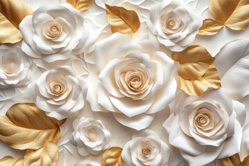 White paper roses gold leaves wall decor wedding