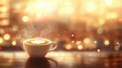 Obraz premium Warm, inviting cup of cappuccino with latte art, perfect for a cozy morning or relaxing evening. The soft, golden light creates a tranquil ambiance.