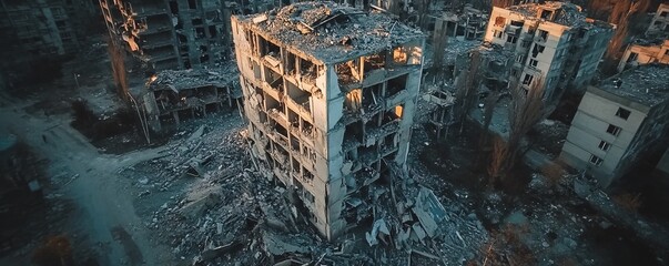 Destroyed building standing among ruins in bombed city district during war