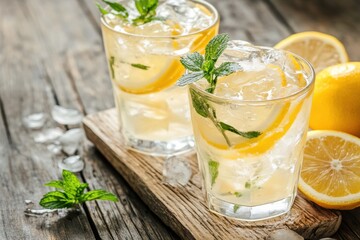 Fototapeta premium Refreshing summer drinks with lemon and mint on a wooden surface perfect for outdoor gatherings. Generative AI