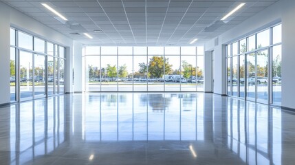 Fototapeta premium An empty dealership showroom with clean lines and polished floors. Featuring expansive layout and natural lighting
