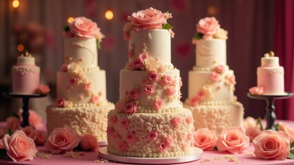 Elegant quinceanera cakes adorned with pink roses and intricate icing designs.