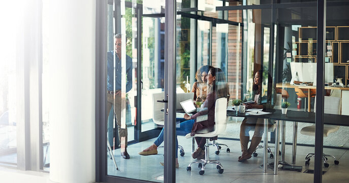 Meeting, presentation and seminar with business people in boardroom together for coaching or planning. Training, whiteboard and workshop with speaker talking to colleague team in glass office