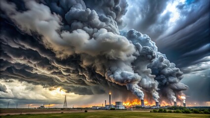 Thick grey smoke billows across a dramatic sky with dark clouds and lightning , industrial activity, dense cloud formation