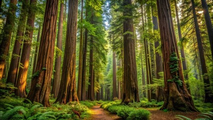 Fototapeta premium Dense Redwood Forest with Towering Trees and Lush Undergrowth, evergreen, trees, evergreen, trees, nature, wild