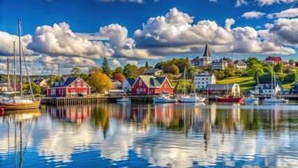 Fototapeta premium A scenic waterfront view of Lunenburg with sailboats and buildings along the shore, set against a calm blue sky with fluffy white clouds, calm sea, Canadian marina