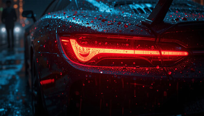 Futuristic Sports Car in Rain – Neon Glow, Red Taillights, Cyberpunk Aesthetic, High-Contrast Night Scene
