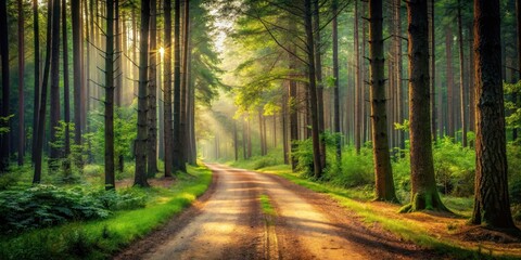 Fototapeta premium Serene forest path, winding dirt road , landscape, woodsy, landscape, woodsy, rural scenery, outdoors, natural, scenic