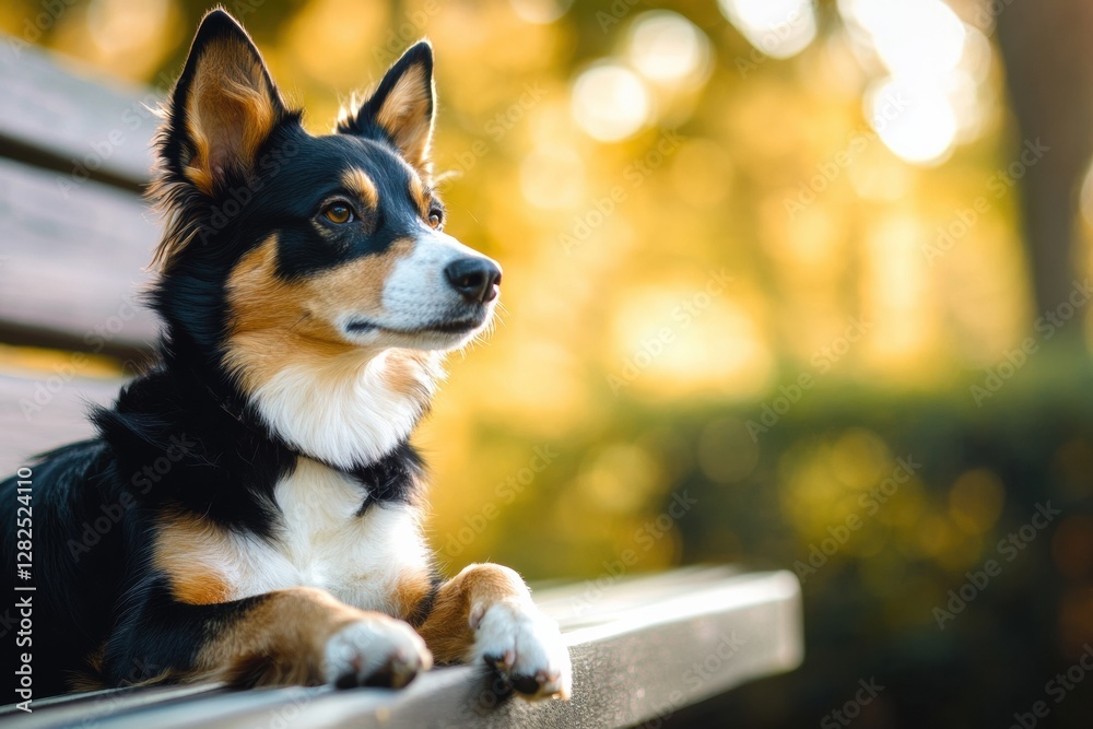 Aufkleber focused corgi rests calmly on a bench surrounded by golden sunlight in a tranquil outdoor setting. g