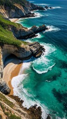 Cool summer blue sea and coastal cliffs. Mobile size. Generative AI.