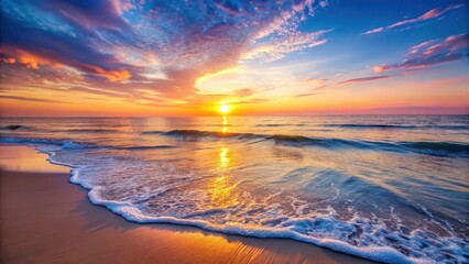 Softly glowing horizon with gentle waves caressing the shore at dawn, as morning light gradually illuminates the sky and sea