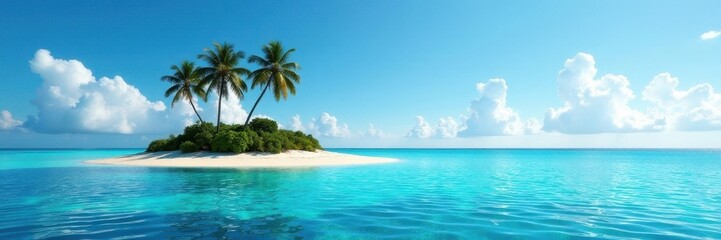 Palm tree silhouette, tiny islet, dazzling azure sea , horizon, beach, sand