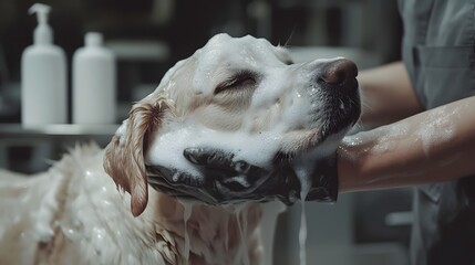 Professional Pet Groomer Applying Natural Shampoo to Labrador Retriever in Eco-Friendly Salon