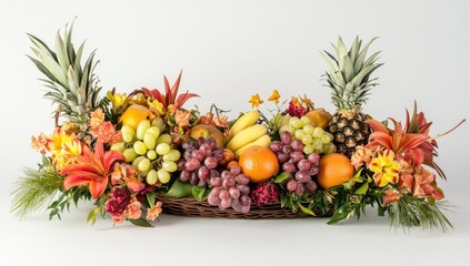 Colorful fruit and flower arrangement in a basket