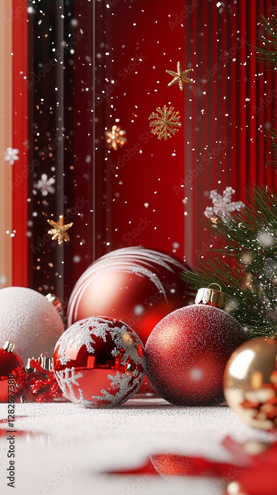 Poster christmas ornaments resting on snow with falling snowflakes and red background