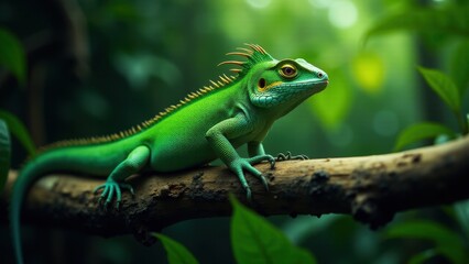 Fototapeta premium A vibrant green sailfin lizard with orange and yellow markings rests on a branch in a lush forest.
