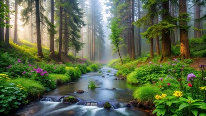 Obraz premium Serene forest atmosphere with a tranquil stream flowing gently through lush greenery and surrounded by tall trees, misty fog, and vibrant wildflowers, nature, trees