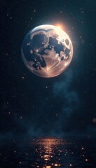 Obraz premium Ethereal glow, silver orb dominates inky black canvas, silver, lunar cycle, meditation