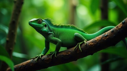 Fototapeta premium A vibrant green sailfin lizard perched on a branch in a lush, tropical environment.