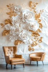 Elegant white and gold paper roses wall art with leather chairs, interior design