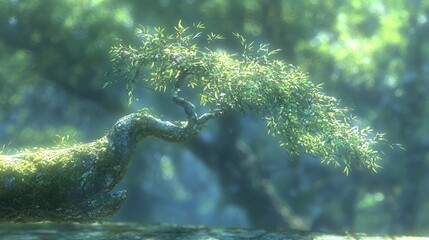 Fototapeta premium Detailed 3D Render of a Mossy Bonsai Tree in a Lush Green Forest