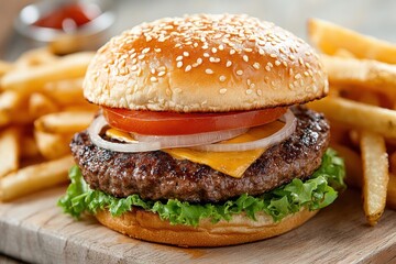 A mouthwatering beef burger topped with melted cheese, fresh lettuce, and a toasted bun, capturing the essence of comfort food. Perfect for food, restaurant, and lifestyle themes.